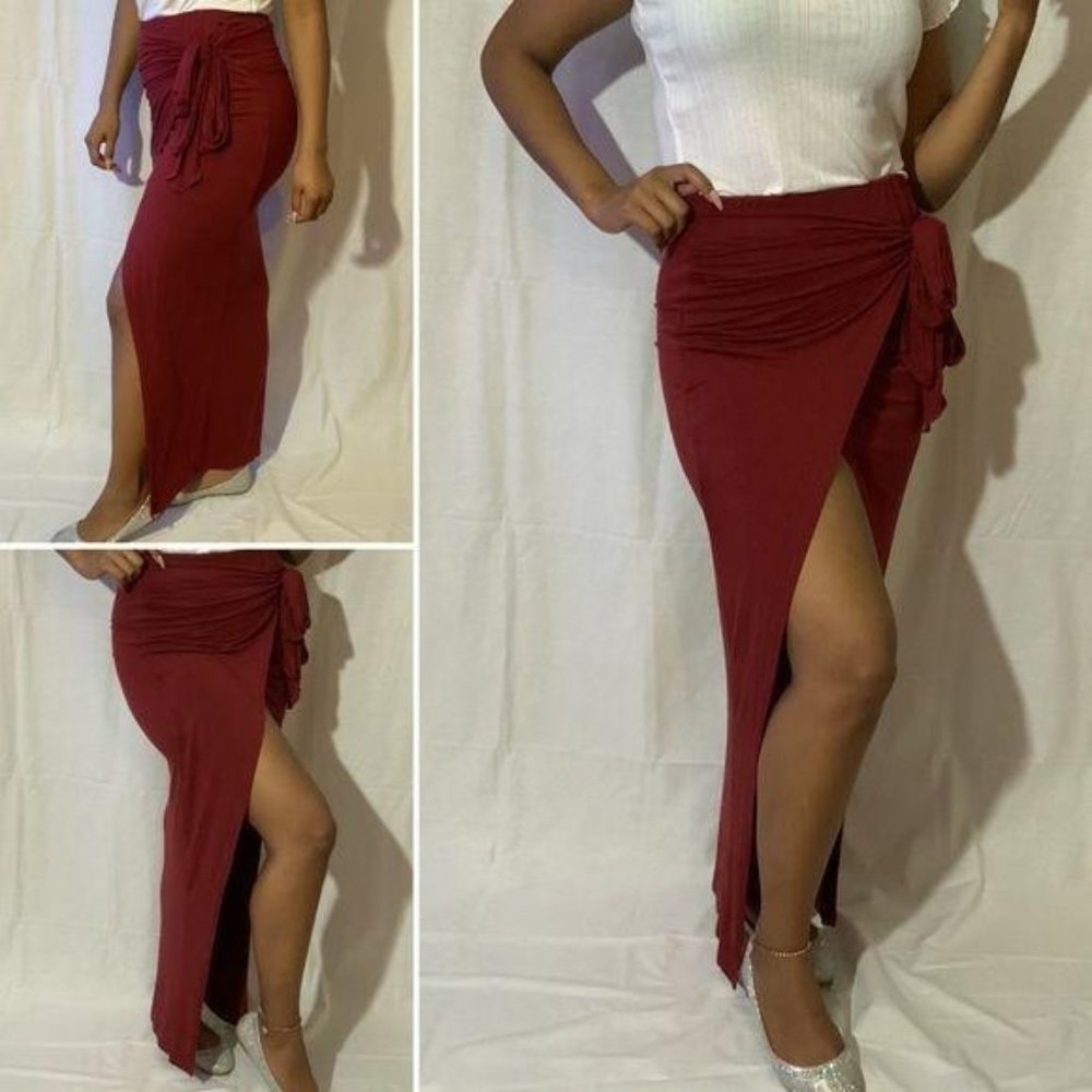 Red split high low asymmetrical skirt